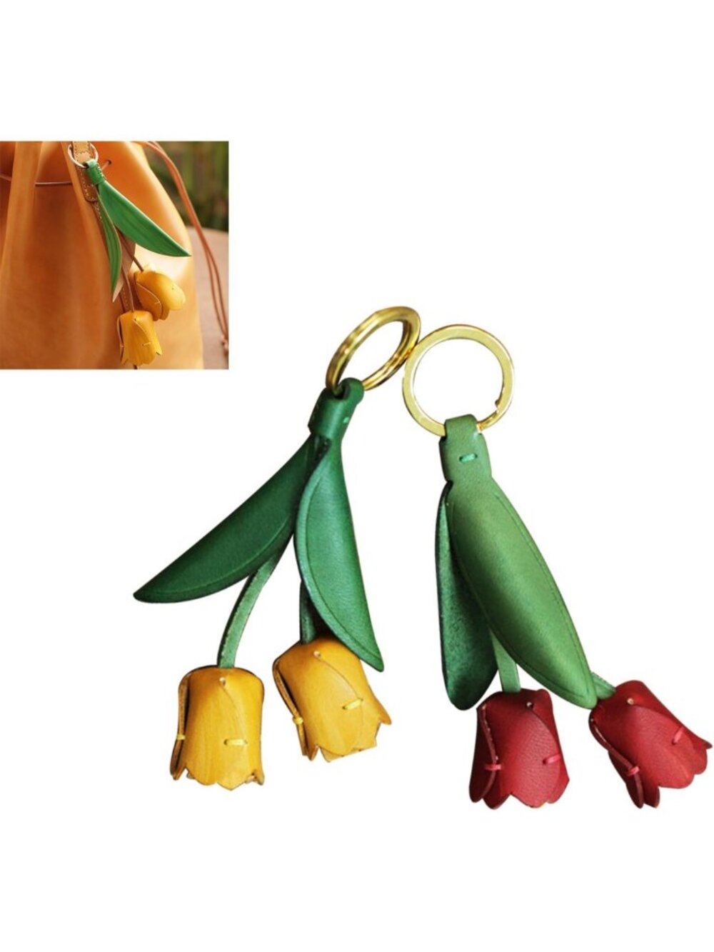 Handmade Leather Leaf Flower Keychain Set - Tulip Keyring Pendant for Bags